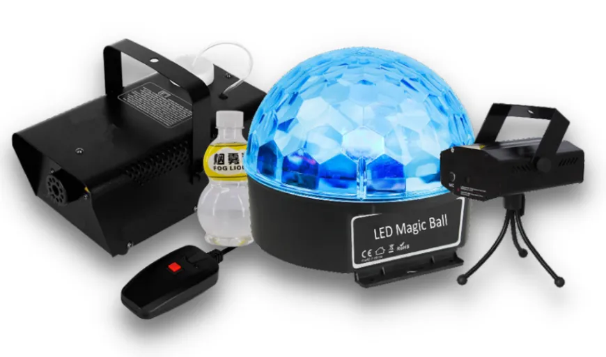 Luz Kit Fiesta (Bola Mágica + Luz Láser + Máquina de Humo + Líquido de Humo) , England Lighting ELT-PACKX