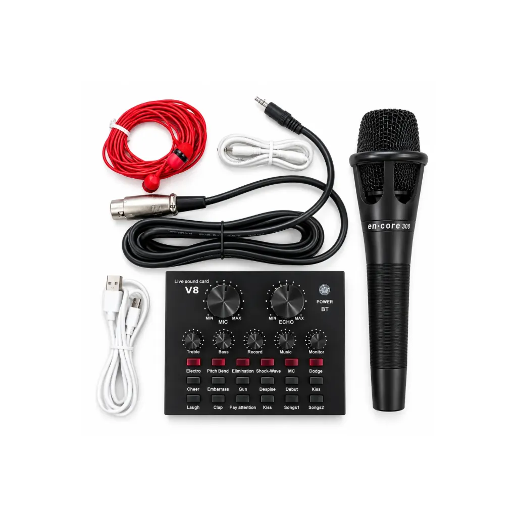 Micrófono con tarjeta Sonido Externa V8 para transmisión